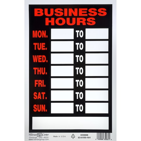 Hillman Business Hours, Plastic, 8 in x 12 in 839888